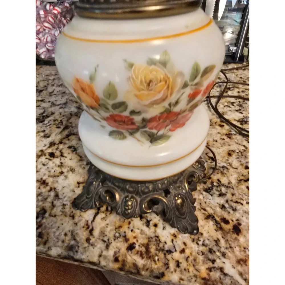 Vintage Hurricane Lamp Floral Milk Glass Gone With The Wind Style 3-Way Light